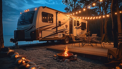 RV campsite with the lights on, fire pit and RV deck with a table and chairs.