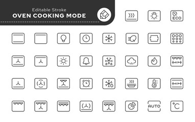 Oven cooking mode line icon set. Top, bottom heating, convection, grill, defrosting, reheating, self-cleaning, heat, steam and more. Series outline icons. Vector pictogram collection