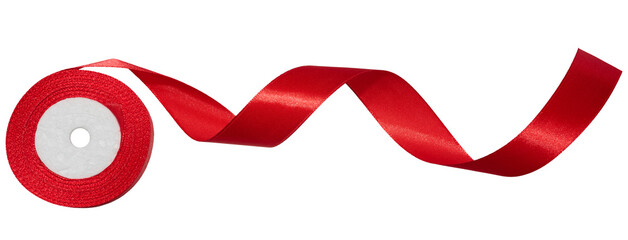 A spool with a red silk ribbon on a white isolated background