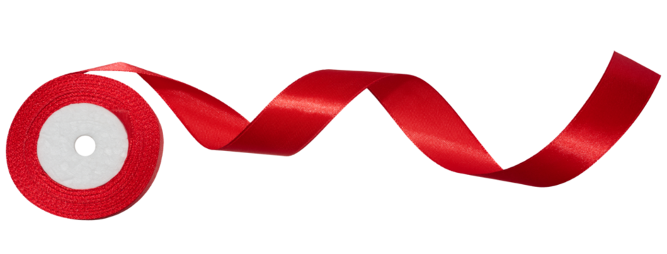 A spool with a red silk ribbon on a white isolated background