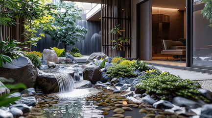 A small courtyard in the house, with a Japanese-style green plant and rockery landscape design. There is an indoor stone waterfall feature.