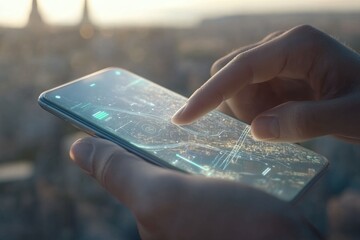 Person Using Smartphone with Augmented Reality Interface Over Cityscape at Dusk, Showcasing Technology and Innovation in Urban Exploration and Navigation