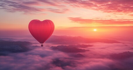 Fototapeta premium A heart-shaped red hot air balloon floats over misty mountains at sunrise. The sky is painted in shades of pink, orange, purple, creating a dreamy, romantic atmosphere above the cloud-covered peaks.