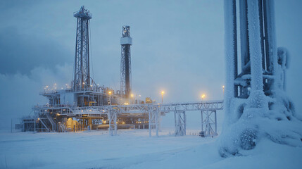 An icy oil drilling rig in a snowy landscape with frost-covered metal structures and industrial lights.