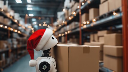 Fototapeta premium Delivery robot wearing a Santa hat resting on a stack of cardboard boxes. Artificial intelligence,logistics, e-commerce, robotics company, automated delivery, future logistics, festival technology