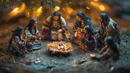 Fototapeta premium Native american community celebrates christmas with joyful nativity scene