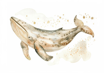 Obraz premium Celestial boho whale magical watercolor illustration on white