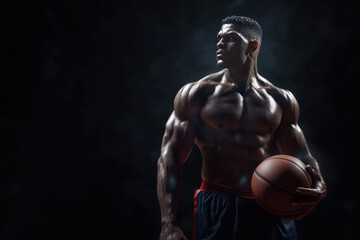 Fototapeta premium Photorealistic design of a Basketball player with muscles wearing a navy red
