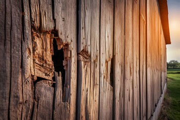 Rustic Wooden Barn Wall, Decaying, Holes, Sunset Light, Texture, Aged, Weathered, Rural, Farm, Background 