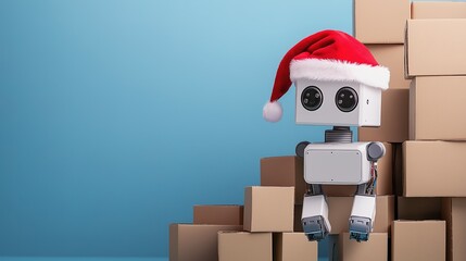 Obraz premium Delivery robot wearing a Santa hat resting on a stack of cardboard boxes. Artificial intelligence,logistics, e-commerce, robotics company, automated delivery, future logistics, festival technology