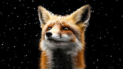 Obraz premium Beautiful little fox with black background while snowfall