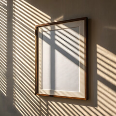 blank frame mounted on wall, illuminated by sunlight casting shadows. interplay of light and shadow creates serene atmosphere