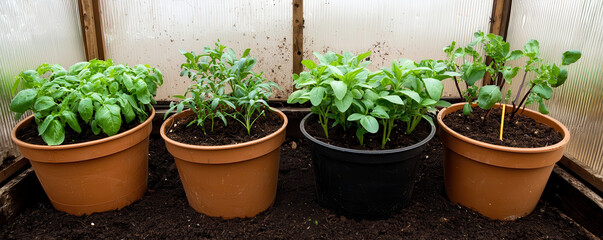 Healthy plants growing in pots inside greenhouse, showcasing organic gardening