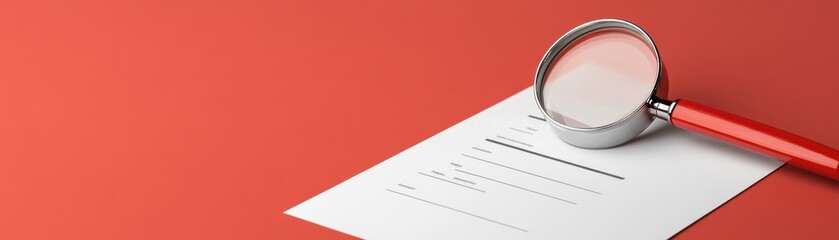 Fototapeta premium A close-up scene featuring a magnifying glass placed over a paper document on a vibrant red background, conveying a sense of analysis and scrutiny.