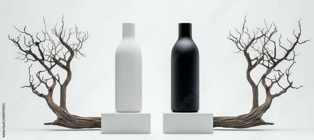 Leinwandbilder a basic product presentation mockup with a podium and dry tree branches on a white sand beach, again