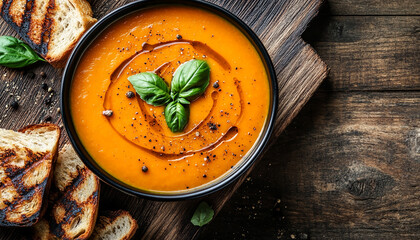 Pumpkin soup with seeds and basil on wooden table generated.AI