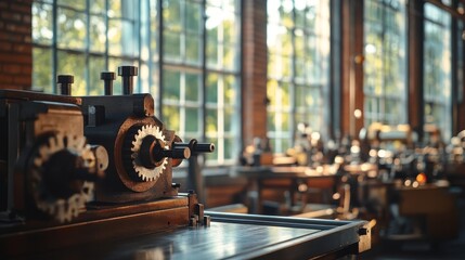 Fototapeta premium Vintage Industrial Machine in a Workshop with Large Windows