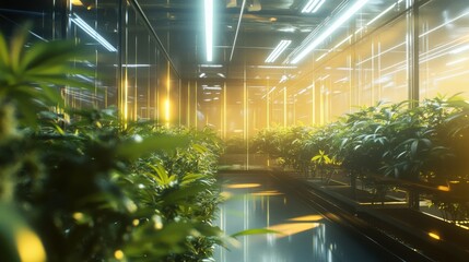 Indoor cannabis cultivation facility bathed in warm light during the early morning hours