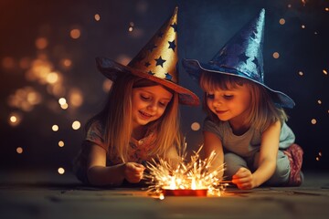 Two Young Girls Wearing Colorful Party Hats Gaze in Awe at Sparkling Fireworks, Creating a Magical Atmosphere Perfect for Celebrations and Joyful Moments