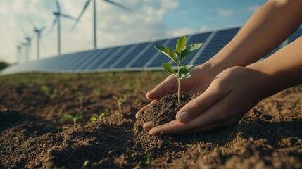 Hands nurturing a young plant in soil, with solar panels and wind turbines in the background, symbolizing renewable energy.
