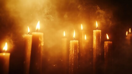 Kerzen mit warmem Schein in mystischer Szenerie