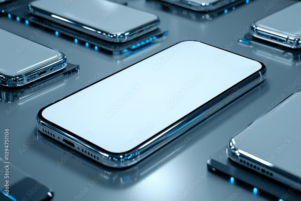 Poster A 3D rendering showcases a phone screen mockup and various slides suspended in space, embodying an app interface, UX/UI, and web design template concept.