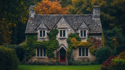 A charming stone house with lush greenery wrapping around it. Nestled in a tranquil forest setting. Perfect for nature lovers or cozy retreats. Generative AI