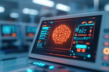 Artificial intelligence medical research and innovative solutions. Futuristic medical lab featuring AI powered devices and digital brain interface.