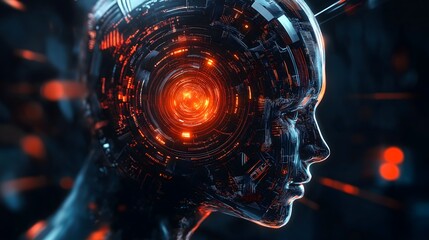 Futuristic cyborg head with glowing circuits.