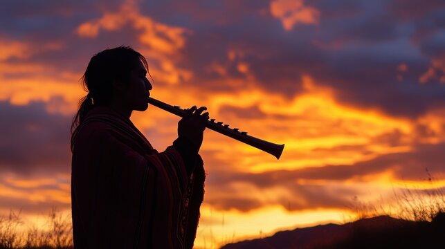 Chilean musician enjoys the sunset while skillfully playing the quena, blending music with nature