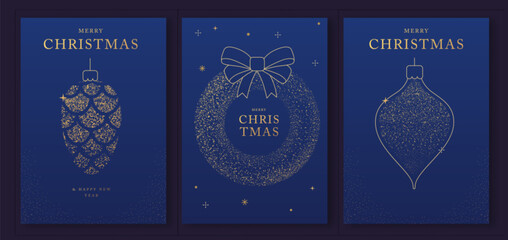 Fototapeta premium Set of luxury Merry Christmas and Happy New Year greeting cards, covers or posters with gold holiday decoration. Christmas blue background. Vector illustration