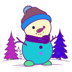 A cartoon snowman is standing in the snow. He is wearing a blue scarf around his neck and a blue hat. There are two purple trees behind him.