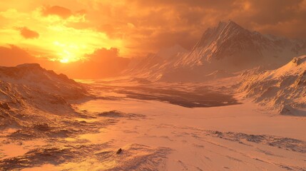 Naklejka premium Breathtaking sunrise casting golden hues over a vast, snow-covered mountain landscape, creating a serene and majestic winter scene.