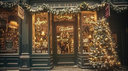 Fototapeta premium Holiday storefront, hanging lights, on Christmas tree, garlands, silver, golds and greens. very elegant.