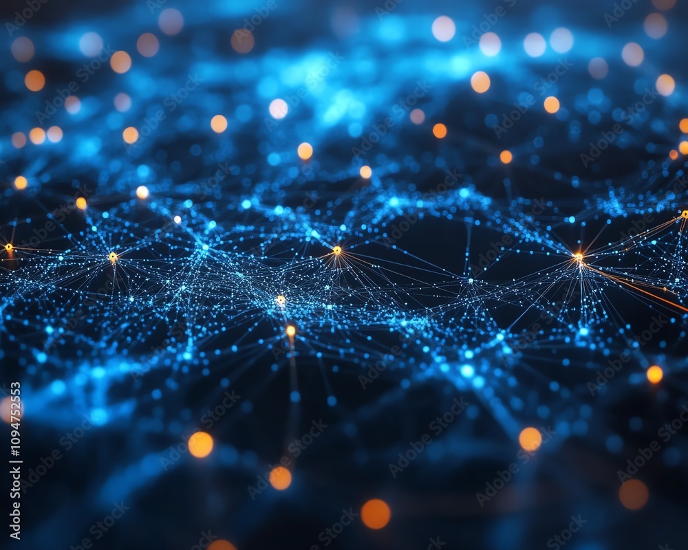 Poster blue world map with interconnected lines and nodes on a white background, 3d rendering, representing