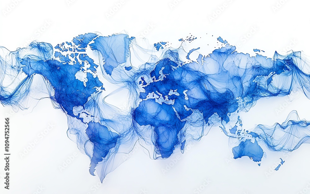 Poster blue world map with interconnected lines and nodes on a white background, 3d rendering, representing