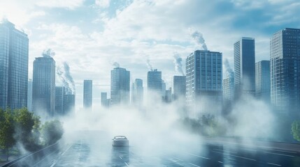 A lone car drives through a foggy city landscape