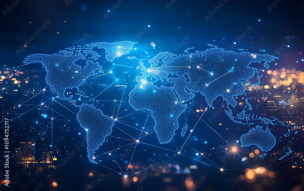 Poster blue world map with interconnected lines and nodes on a white background, 3d rendering, representing