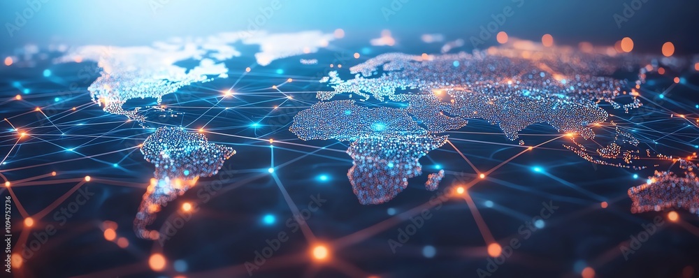 Poster blue world map with interconnected lines and nodes on a white background, 3d rendering, representing