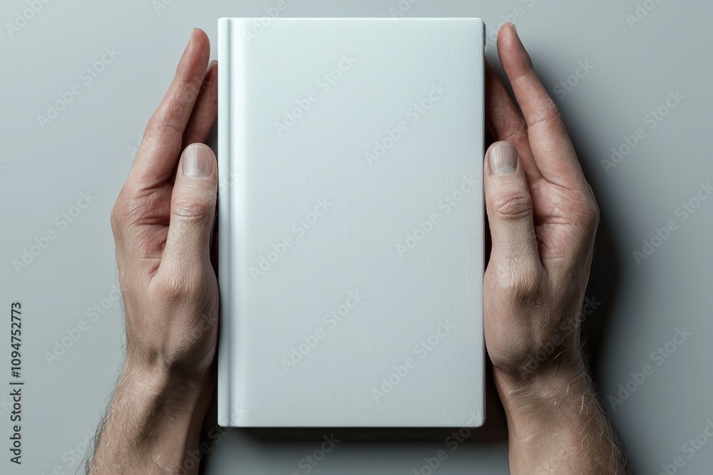 Poster a blank notebook mockup with photorealistic detail, set against a light grey background, showing the