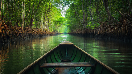 Fototapeta premium Boat journey in mangrove forest, tree roots in jungle generated.AI