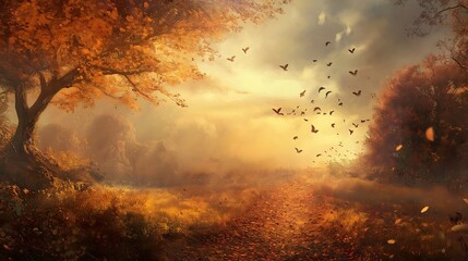 Autumnal landscape with flying birds, misty path, and golden foliage.