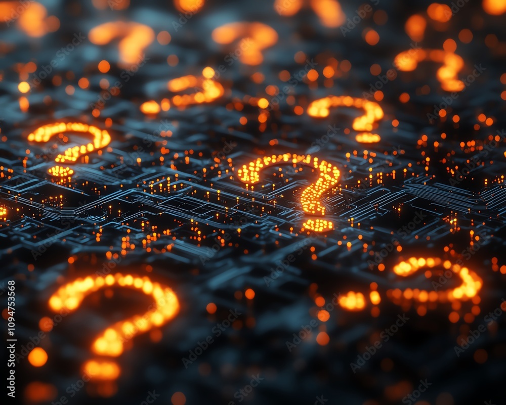 Poster network of glowing question marks in 3d rendering, interconnected nodes and lines, symbolizing curio