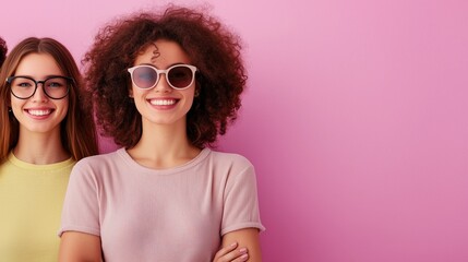 Obraz premium Happy Diverse Women Friends Smiling Pink Background