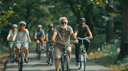 Obraz premium Active Seniors Enjoying a Group Bike Ride in a Scenic Park. Inspiring outdoor activity showcasing community, health, and nature connection.