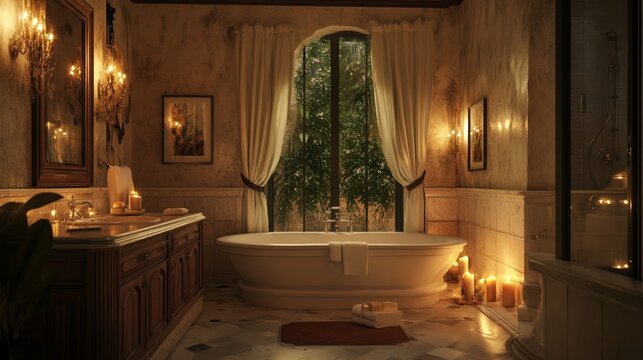 Elegant bathroom featuring a freestanding tub, warm candlelit glow, and luxurious d?cor, perfect for relaxation and tranquility. - Powered by Adobe
