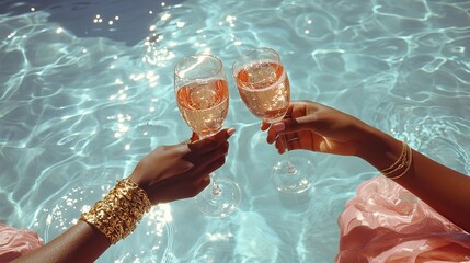 Two hands toasting with rose champagne glasses over a sunlit pool, celebrating a luxurious summer moment.