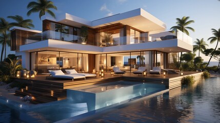 Fototapeta premium Minimalist luxury villa on a seaside shore with palm trees. Stunning cubic design featuring a large pool and serene tropical vibe.