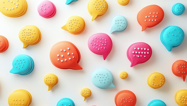 Speech bubbles with dotted designs on a white background, 3D rendering, representing conversation, messaging, and communication