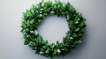 Circular green wreath made of fresh leaves on a plain background